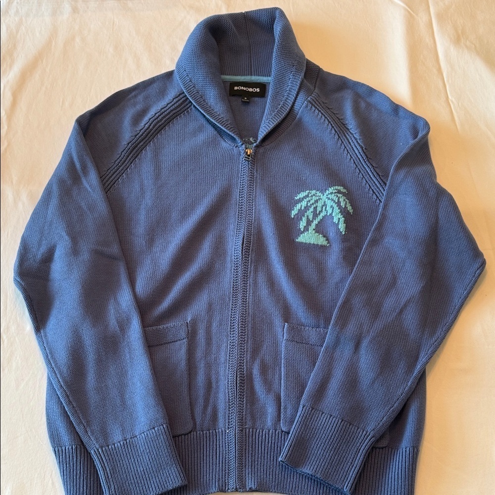 Bonobos Blue Zip-Up Sweater with Palm Motif